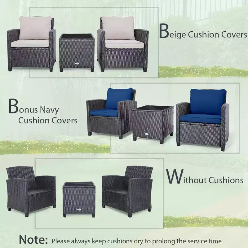 Costway Ensemble de mobilier de jardin 3 pièces en osier avec coussins de terrasse beiges et bleus marine Balcon