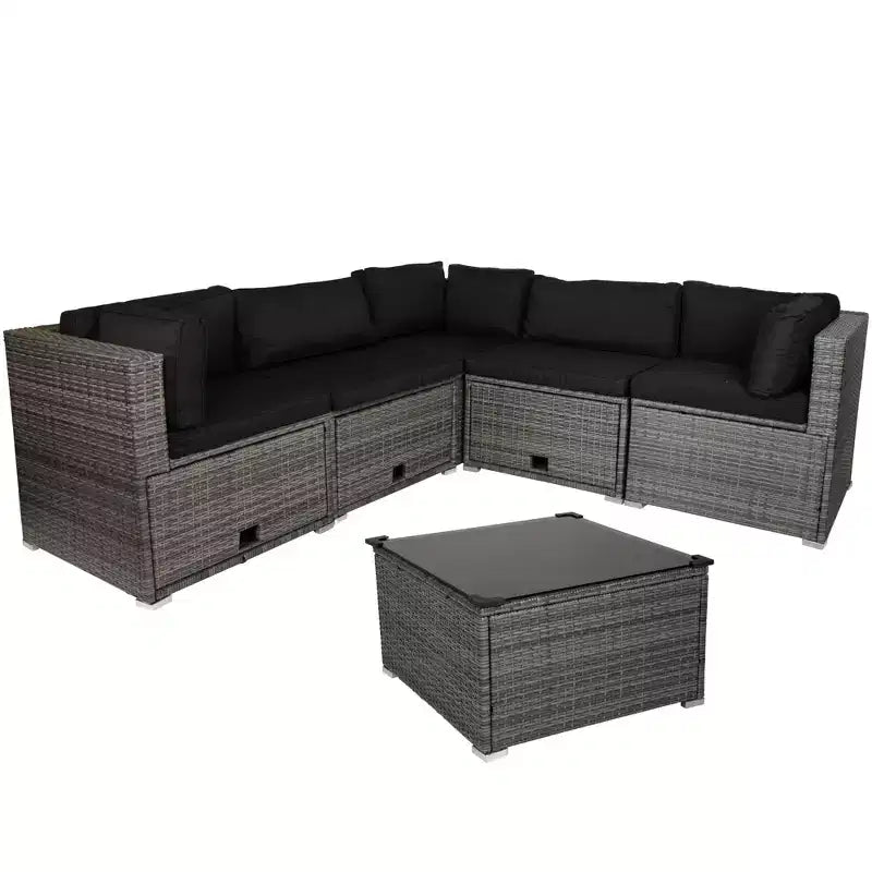 Ensemble de canapé d'angle extérieur en osier taupe Northlight avec table basse et plateau en verre