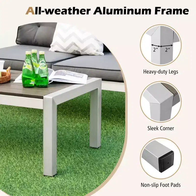 Costway Ensemble de 4 canapés de patio en aluminium avec table basse, causeuse rembourrée et accoudoirs en composite bois-plastique (WPC)
