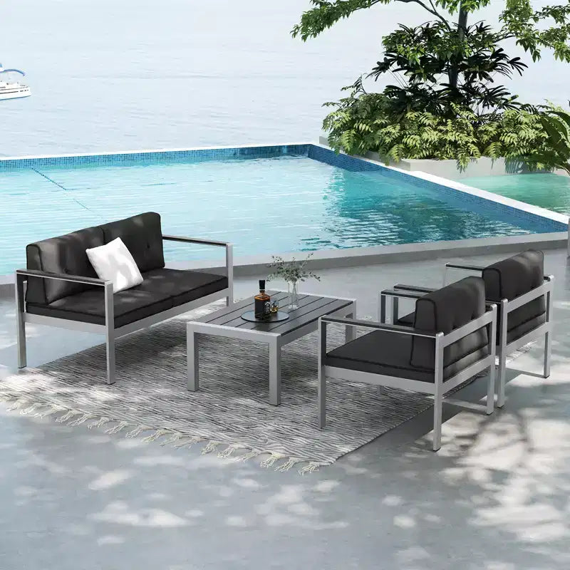 Costway Ensemble de 4 canapés de patio en aluminium avec table basse, causeuse rembourrée et accoudoirs en composite bois-plastique (WPC)