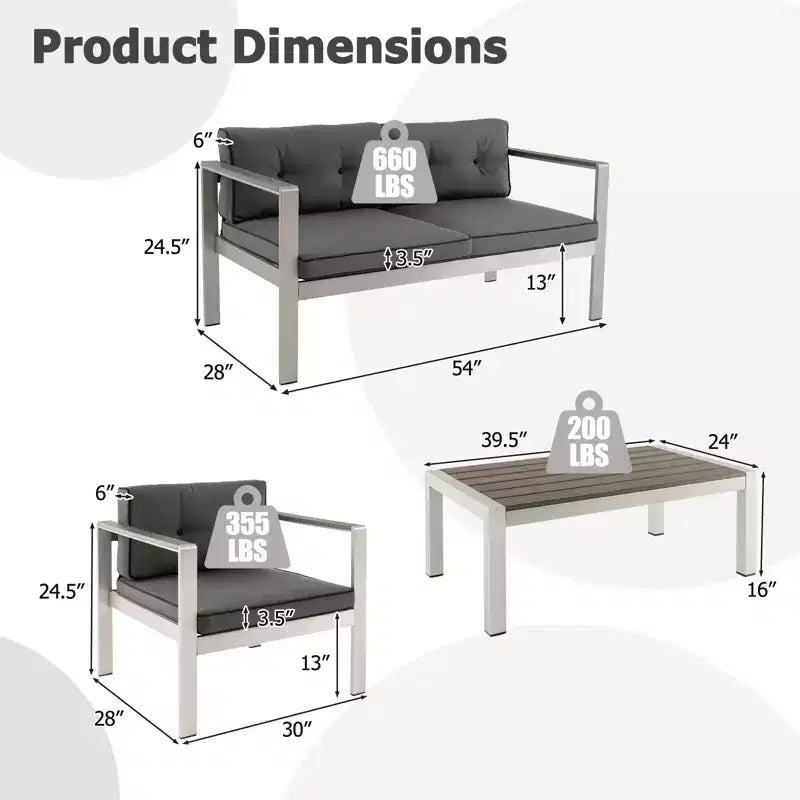 Costway Ensemble de 4 canapés de patio en aluminium avec table basse, causeuse rembourrée et accoudoirs en composite bois-plastique (WPC)