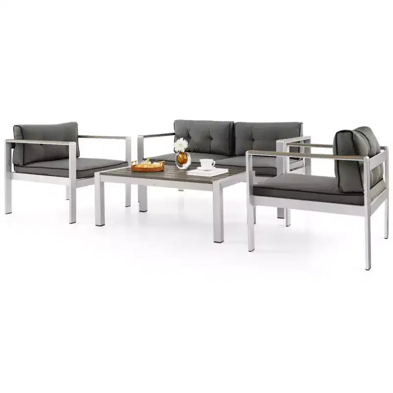 Costway Ensemble de 4 canapés de patio en aluminium avec table basse, causeuse rembourrée et accoudoirs en composite bois-plastique (WPC)