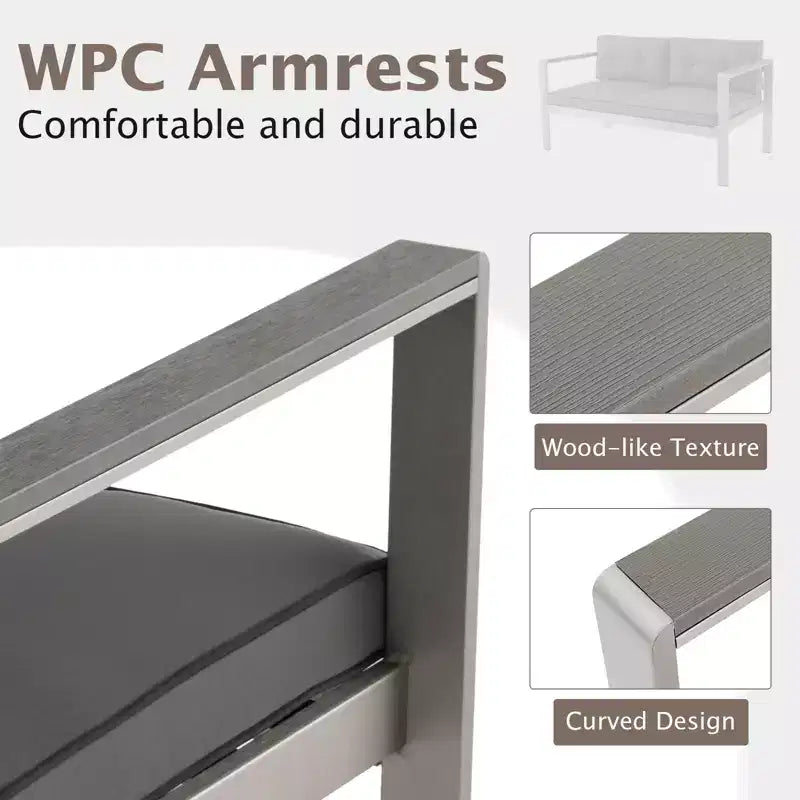 Costway Ensemble de 4 canapés de patio en aluminium avec table basse, causeuse rembourrée et accoudoirs en composite bois-plastique (WPC)