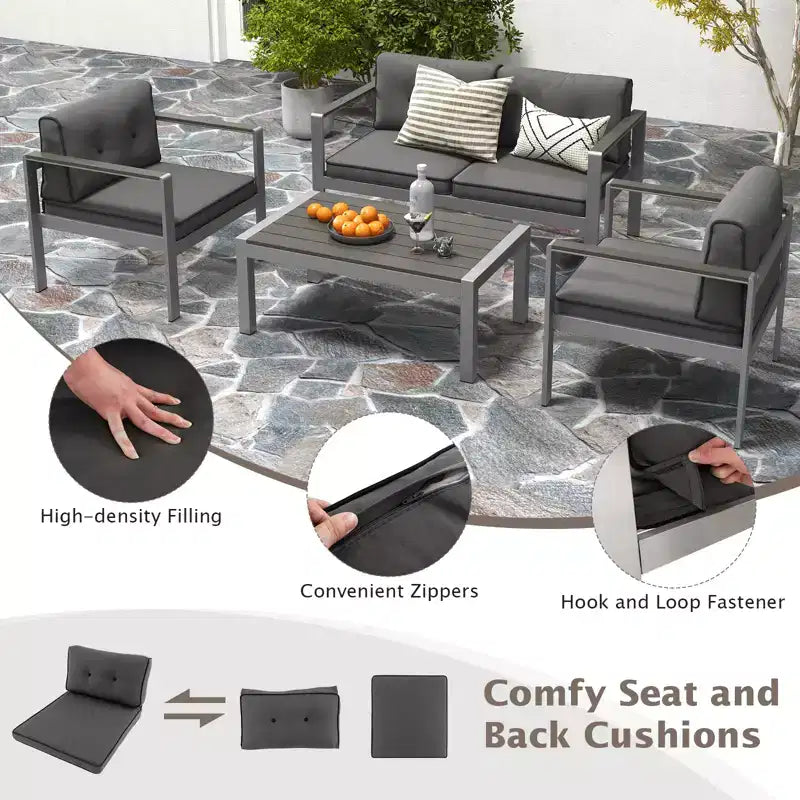 Costway Ensemble de 4 canapés de patio en aluminium avec table basse, causeuse rembourrée et accoudoirs en composite bois-plastique (WPC)