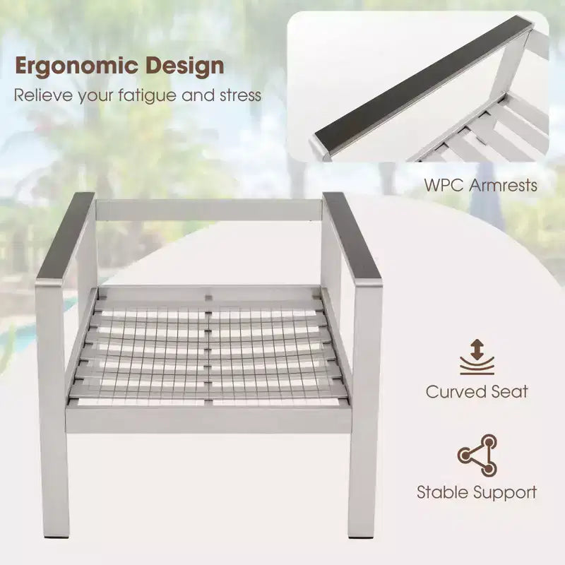 Costway Ensemble de 4 canapés de patio en aluminium avec table basse, causeuse rembourrée et accoudoirs en composite bois-plastique (WPC)