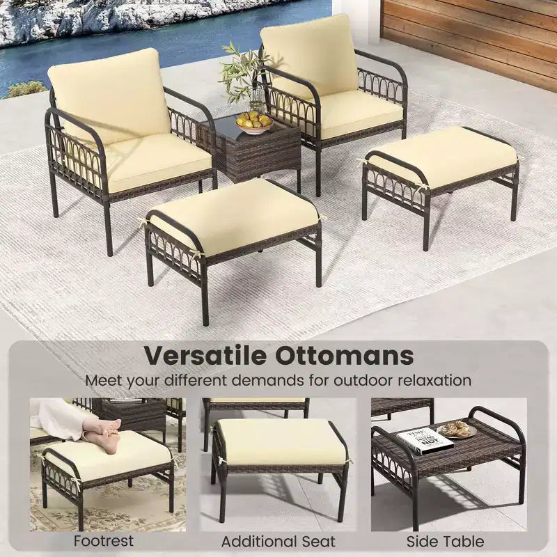 Costway Ensemble de Conversation de Patio 5 Pièces, Salon de Jardin en Résine Tressée avec Ottomans et Table Basse