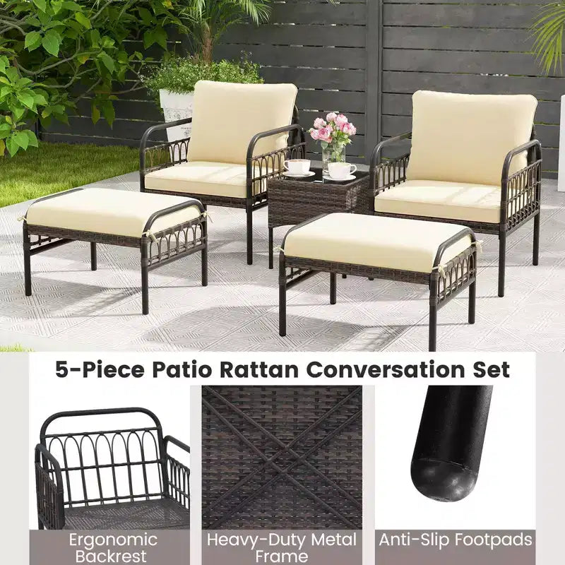 Costway Ensemble de Conversation de Patio 5 Pièces, Salon de Jardin en Résine Tressée avec Ottomans et Table Basse