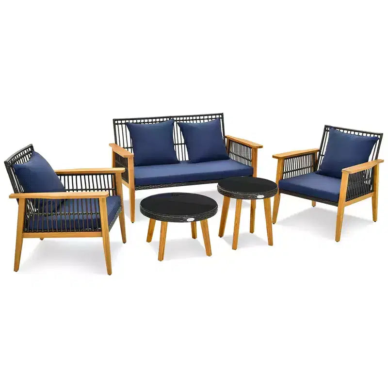 Costway Ensemble de Conversation en Rotin Tressé d'Extérieur 5 Pièces, Cadre Stable en Bois d'Acacia pour Jardin Bleu Marine/Beige