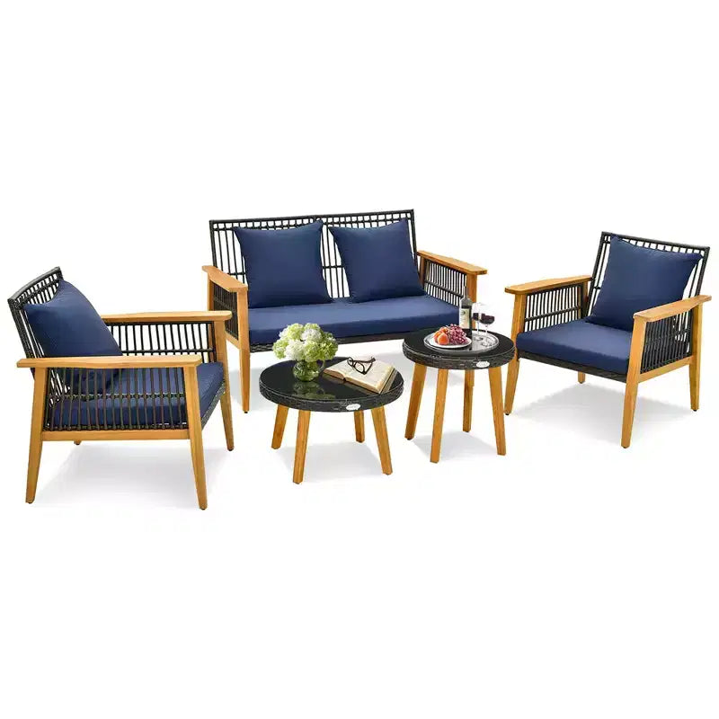 Costway Ensemble de Conversation en Rotin Tressé d'Extérieur 5 Pièces, Cadre Stable en Bois d'Acacia pour Jardin Bleu Marine/Beige