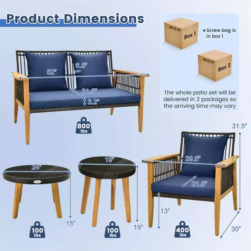 Costway Ensemble de Conversation en Rotin Tressé d'Extérieur 5 Pièces, Cadre Stable en Bois d'Acacia pour Jardin Bleu Marine/Beige