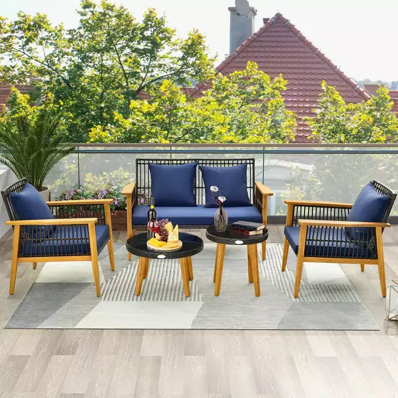 Costway Ensemble de Conversation en Rotin Tressé d'Extérieur 5 Pièces, Cadre Stable en Bois d'Acacia pour Jardin Bleu Marine/Beige