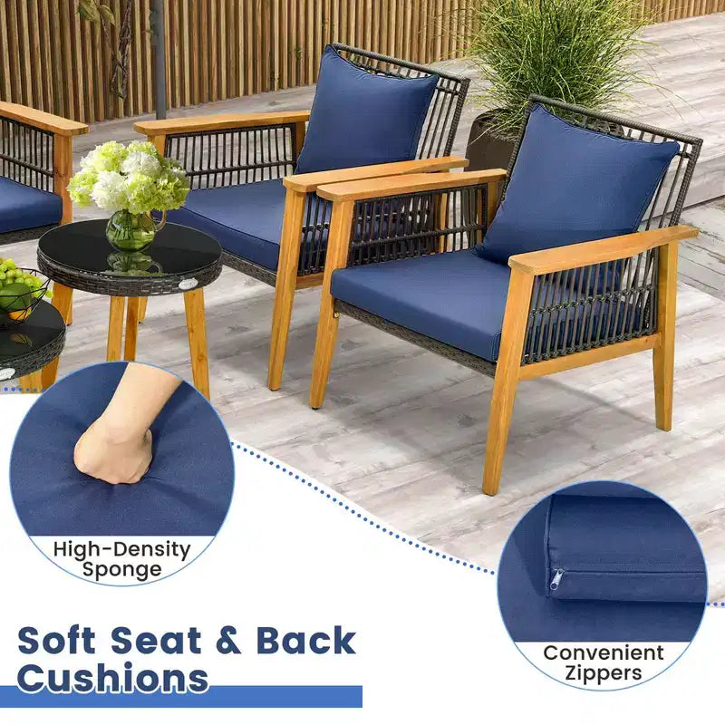 Costway Ensemble de Conversation en Rotin Tressé d'Extérieur 5 Pièces, Cadre Stable en Bois d'Acacia pour Jardin Bleu Marine/Beige