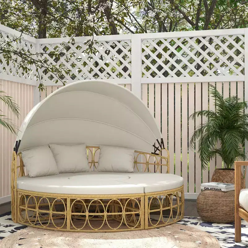 Lit de jour rond d'extérieur 4 pièces Outsunny avec auvent, ensemble de meubles de patio en rotin PE rembourré, blanc crème