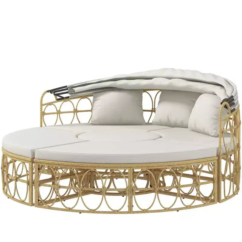 Lit de jour rond d'extérieur 4 pièces Outsunny avec auvent, ensemble de meubles de patio en rotin PE rembourré, blanc crème