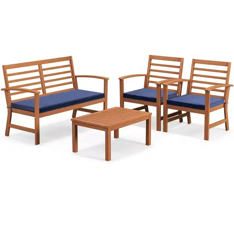 Costway Ensemble de Meubles d'extérieur 4 Pièces avec Coussins Souples Cadre en Bois d'Acacia Stable Blanc/Marine/Gris