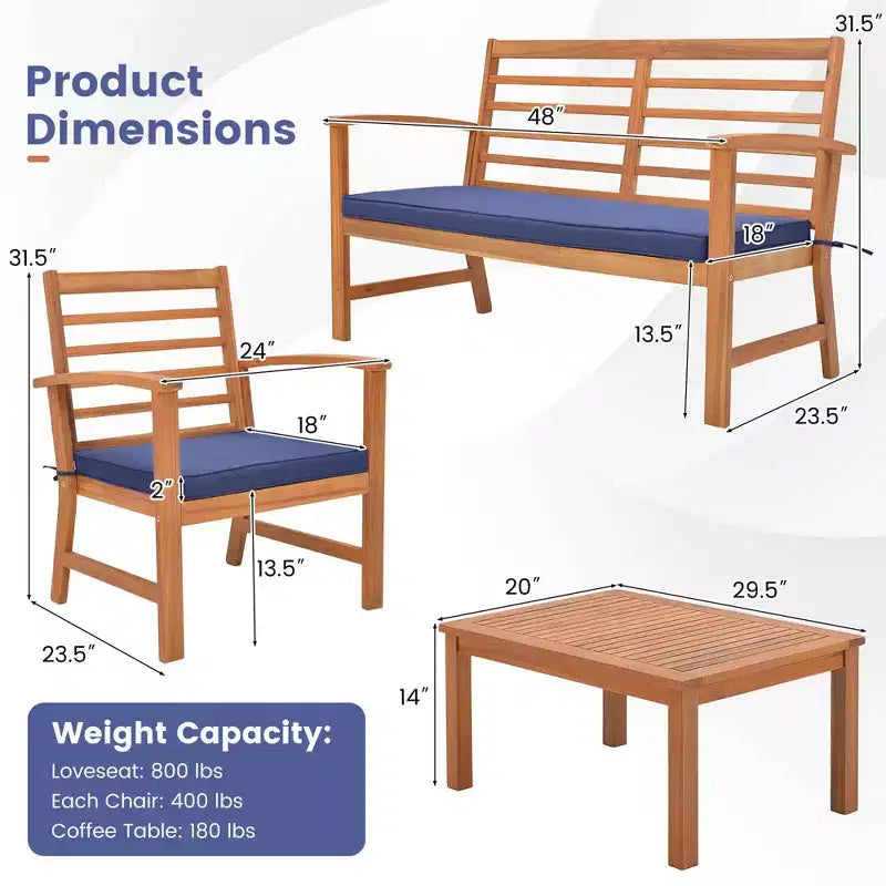 Costway Ensemble de Meubles d'extérieur 4 Pièces avec Coussins Souples Cadre en Bois d'Acacia Stable Blanc/Marine/Gris