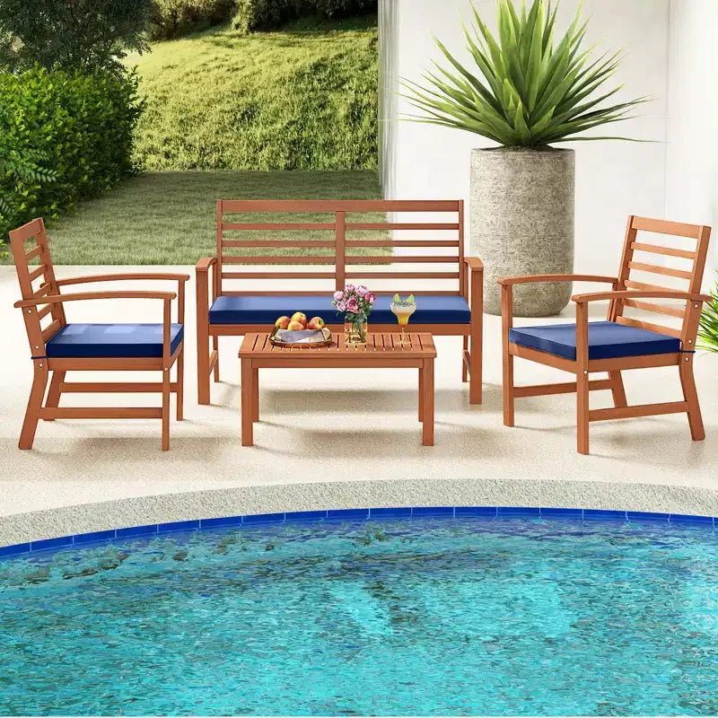Costway Ensemble de Meubles d'extérieur 4 Pièces avec Coussins Souples Cadre en Bois d'Acacia Stable Blanc/Marine/Gris