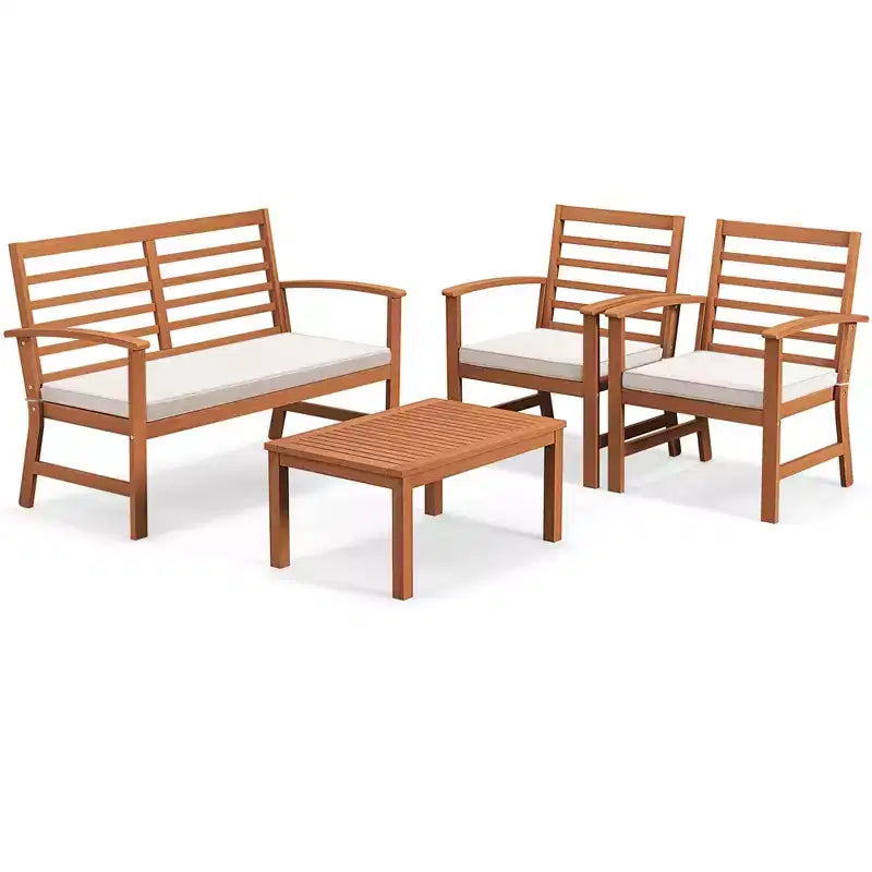 Costway Ensemble de Meubles d'extérieur 4 Pièces avec Coussins Souples Cadre en Bois d'Acacia Stable Blanc/Marine/Gris