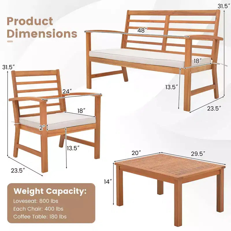 Costway Ensemble de Meubles d'extérieur 4 Pièces avec Coussins Souples Cadre en Bois d'Acacia Stable Blanc/Marine/Gris