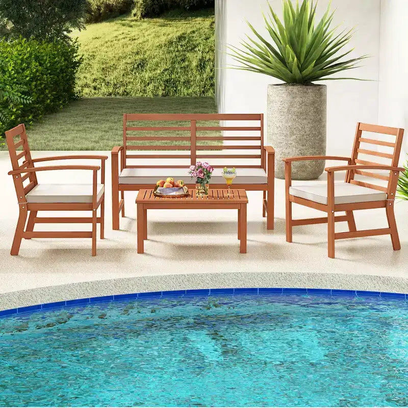 Costway Ensemble de Meubles d'extérieur 4 Pièces avec Coussins Souples Cadre en Bois d'Acacia Stable Blanc/Marine/Gris