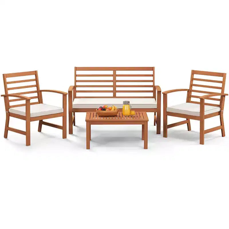 Costway Ensemble de Meubles d'extérieur 4 Pièces avec Coussins Souples Cadre en Bois d'Acacia Stable Blanc/Marine/Gris
