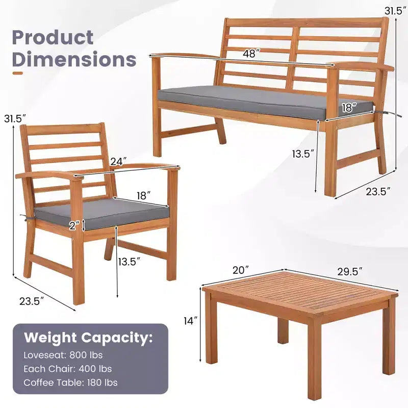 Costway Ensemble de Meubles d'extérieur 4 Pièces avec Coussins Souples Cadre en Bois d'Acacia Stable Blanc/Marine/Gris