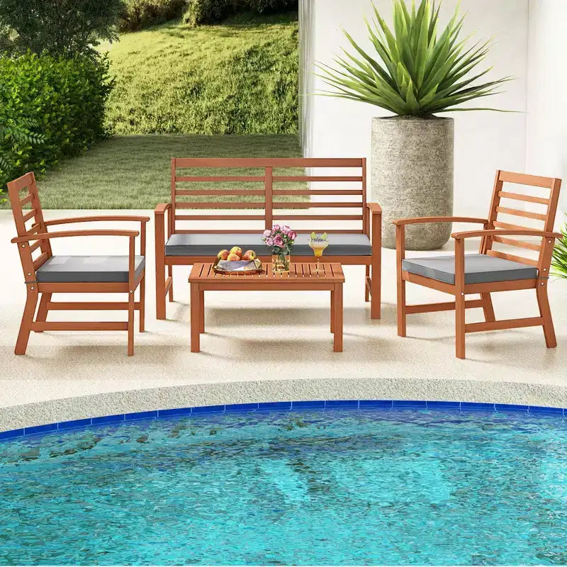 Costway Ensemble de Meubles d'extérieur 4 Pièces avec Coussins Souples Cadre en Bois d'Acacia Stable Blanc/Marine/Gris