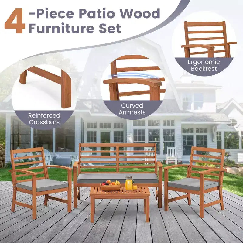 Costway Ensemble de Meubles d'extérieur 4 Pièces avec Coussins Souples Cadre en Bois d'Acacia Stable Blanc/Marine/Gris