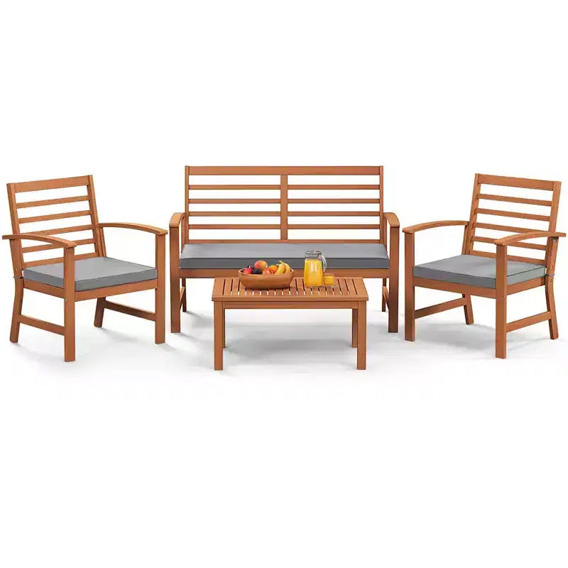 Costway Ensemble de Meubles d'extérieur 4 Pièces avec Coussins Souples Cadre en Bois d'Acacia Stable Blanc/Marine/Gris