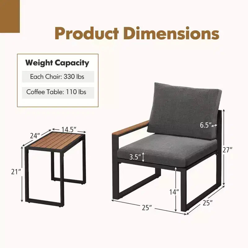 Ensemble de mobilier de patio Costway 3 pièces avec coussins moelleux Cadre en aluminium Résistant aux intempéries pour l'extérieur