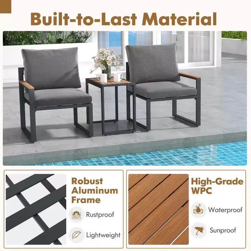 Ensemble de mobilier de patio Costway 3 pièces avec coussins moelleux Cadre en aluminium Résistant aux intempéries pour l'extérieur