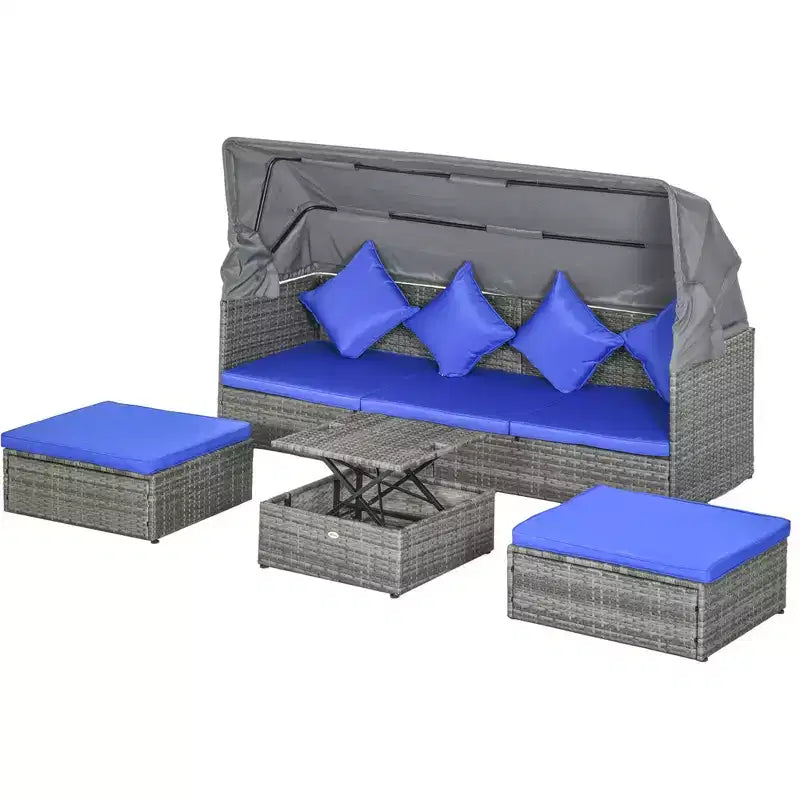 Outsunny Ensemble de canapés de jardin en rotin 4 pièces avec auvent réglable, ensemble de meubles de terrasse en osier avec table basse réglable en hauteur et coussins