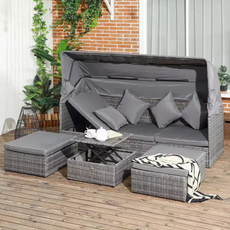 Outsunny Ensemble de canapés de jardin en rotin 4 pièces avec auvent réglable, ensemble de meubles de terrasse en osier avec table basse réglable en hauteur et coussins