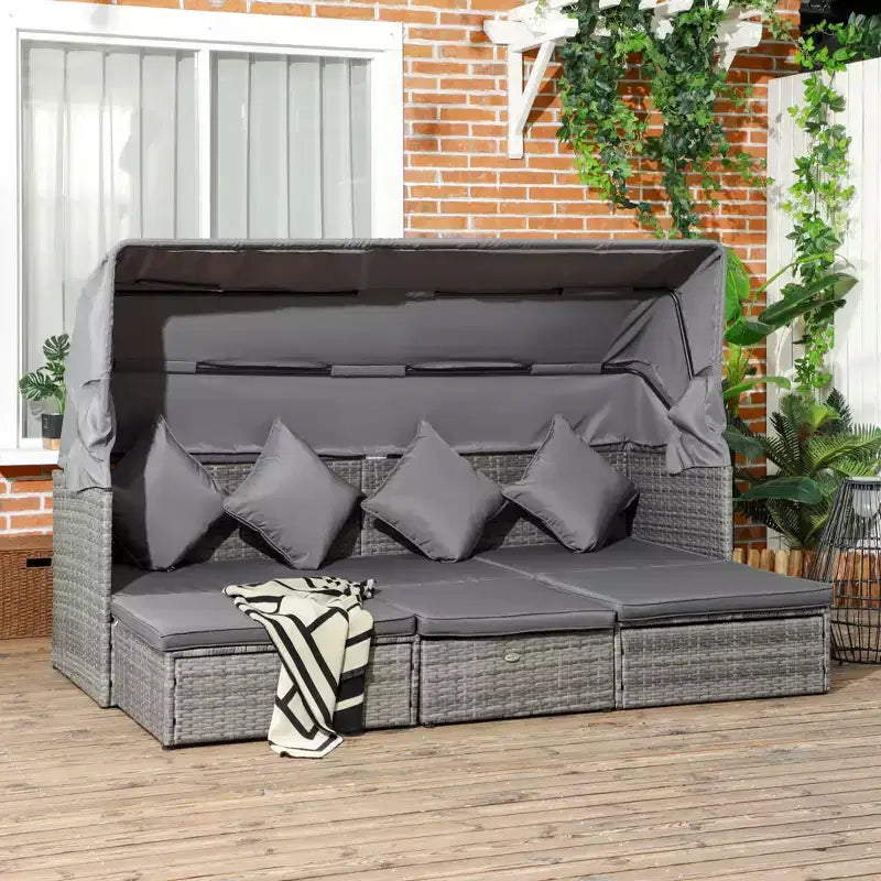 Outsunny Ensemble de canapés de jardin en rotin 4 pièces avec auvent réglable, ensemble de meubles de terrasse en osier avec table basse réglable en hauteur et coussins
