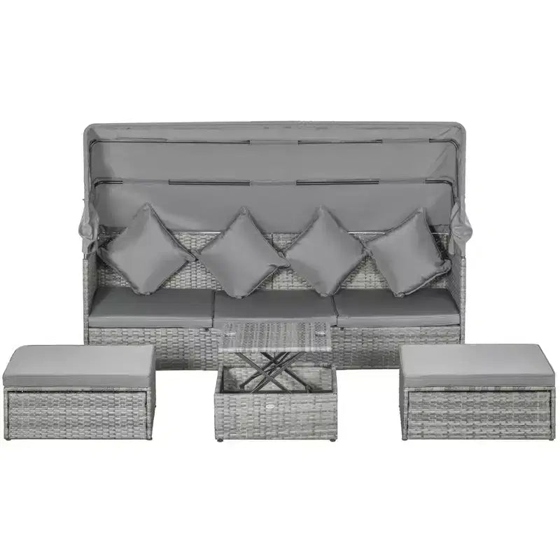 Outsunny Ensemble de canapés de jardin en rotin 4 pièces avec auvent réglable, ensemble de meubles de terrasse en osier avec table basse réglable en hauteur et coussins