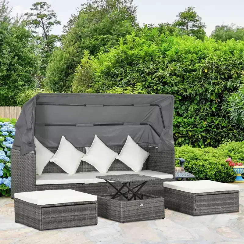 Outsunny Ensemble de canapés de jardin en rotin 4 pièces avec auvent réglable, ensemble de meubles de terrasse en osier avec table basse réglable en hauteur et coussins