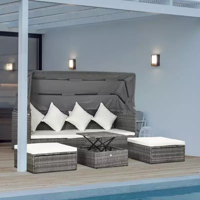Outsunny Ensemble de canapés de jardin en rotin 4 pièces avec auvent réglable, ensemble de meubles de terrasse en osier avec table basse réglable en hauteur et coussins