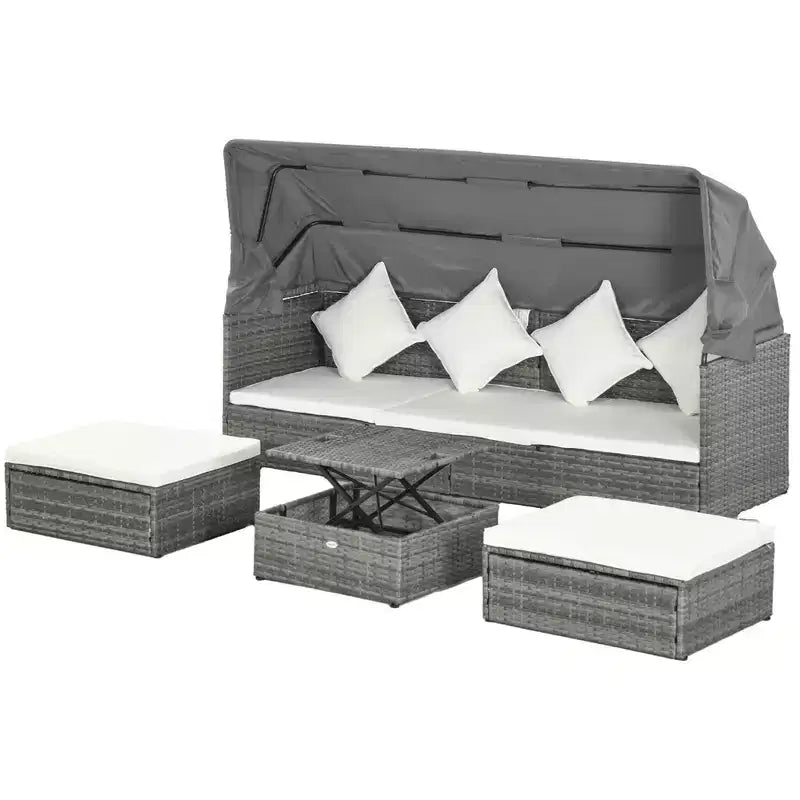 Outsunny Ensemble de canapés de jardin en rotin 4 pièces avec auvent réglable, ensemble de meubles de terrasse en osier avec table basse réglable en hauteur et coussins