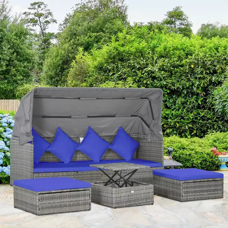 Outsunny Ensemble de canapés de jardin en rotin 4 pièces avec auvent réglable, ensemble de meubles de terrasse en osier avec table basse réglable en hauteur et coussins