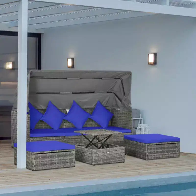 Outsunny Ensemble de canapés de jardin en rotin 4 pièces avec auvent réglable, ensemble de meubles de terrasse en osier avec table basse réglable en hauteur et coussins