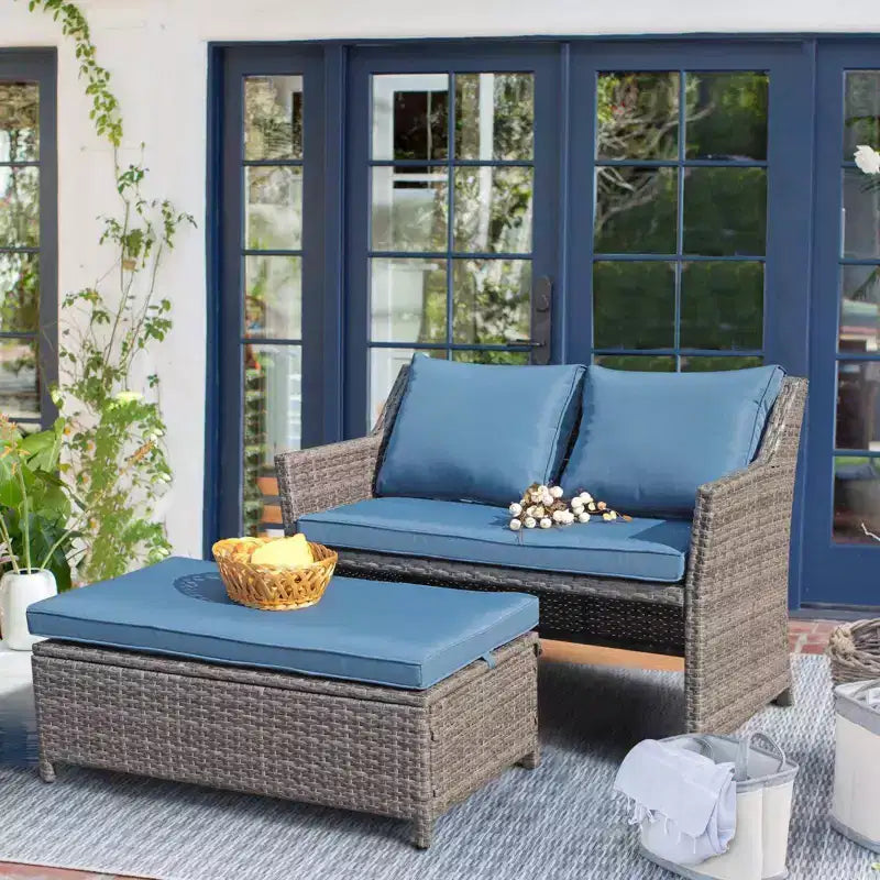 Ensemble deux pièces Sunsitt, causeuse et table basse d'extérieur en osier avec bac de rangement intégré