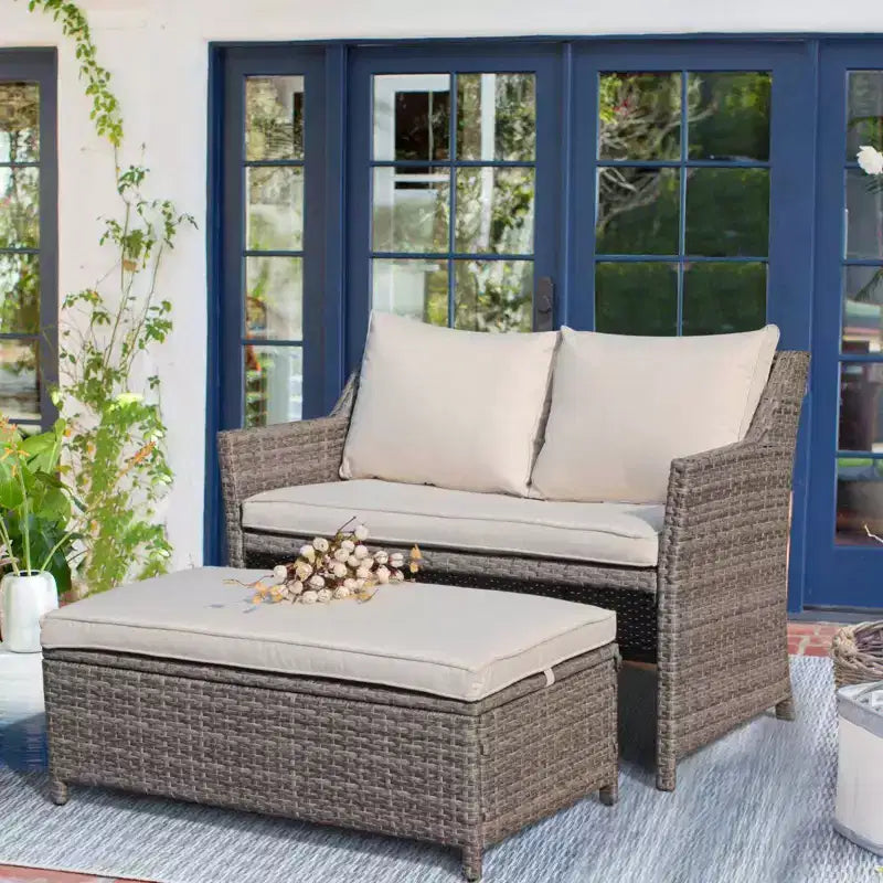 Ensemble deux pièces Sunsitt, causeuse et table basse d'extérieur en osier avec bac de rangement intégré
