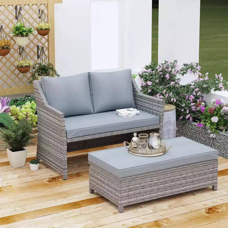 Ensemble deux pièces Sunsitt, causeuse et table basse d'extérieur en osier avec bac de rangement intégré