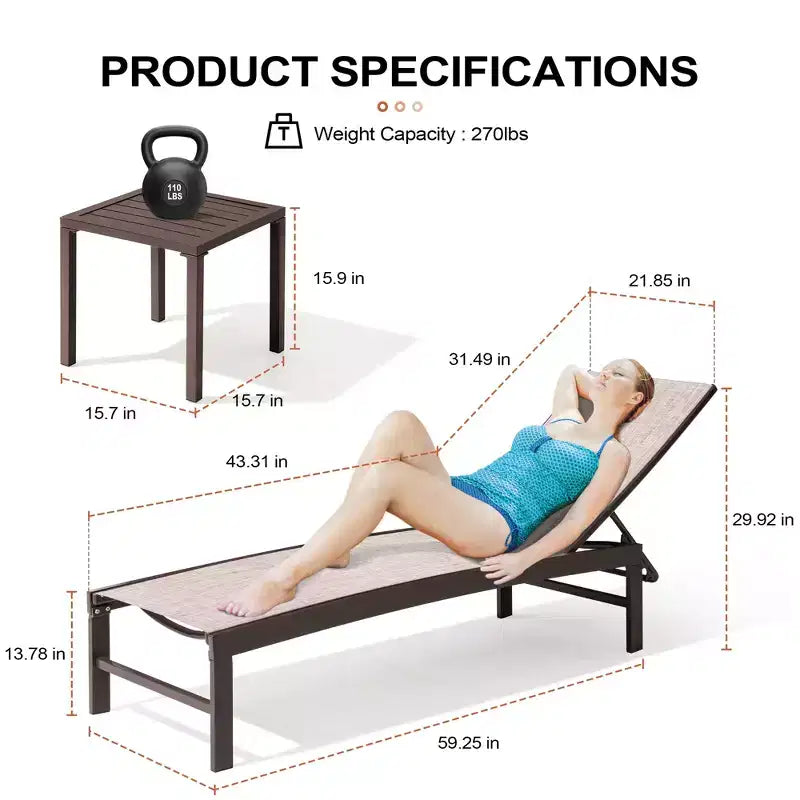 Crestlive Products Ensemble de 3 chaises longues d'extérieur en métal et table d'appoint pour terrasse