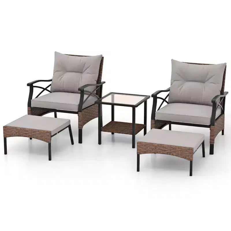 Costway Ensemble de Meubles de Patio 5 pièces avec Table Basse à 2 Niveaux et 2 Ottomans Coussins Inclus