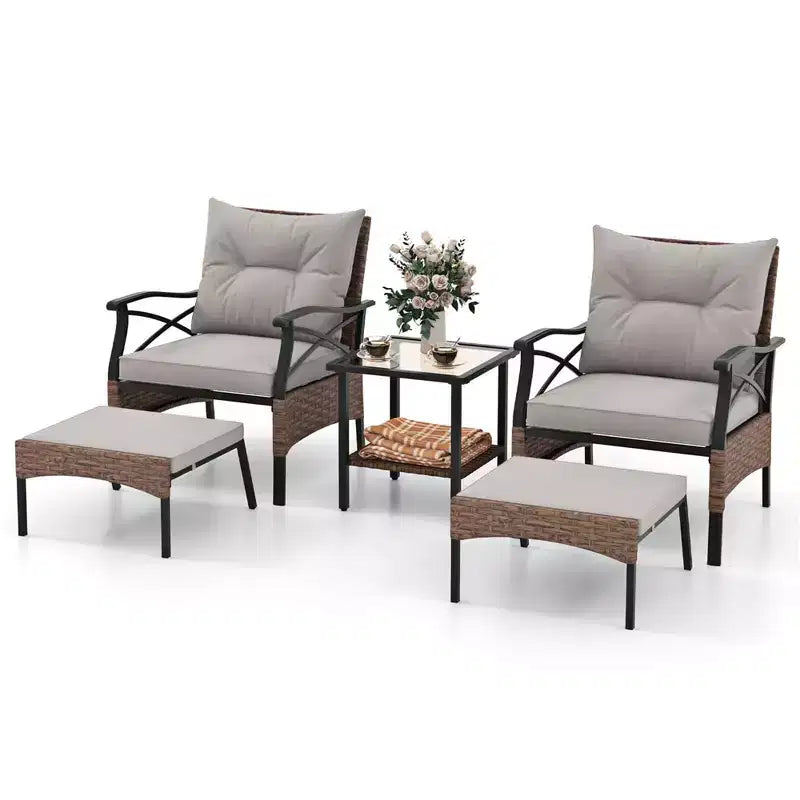 Costway Ensemble de Meubles de Patio 5 pièces avec Table Basse à 2 Niveaux et 2 Ottomans Coussins Inclus