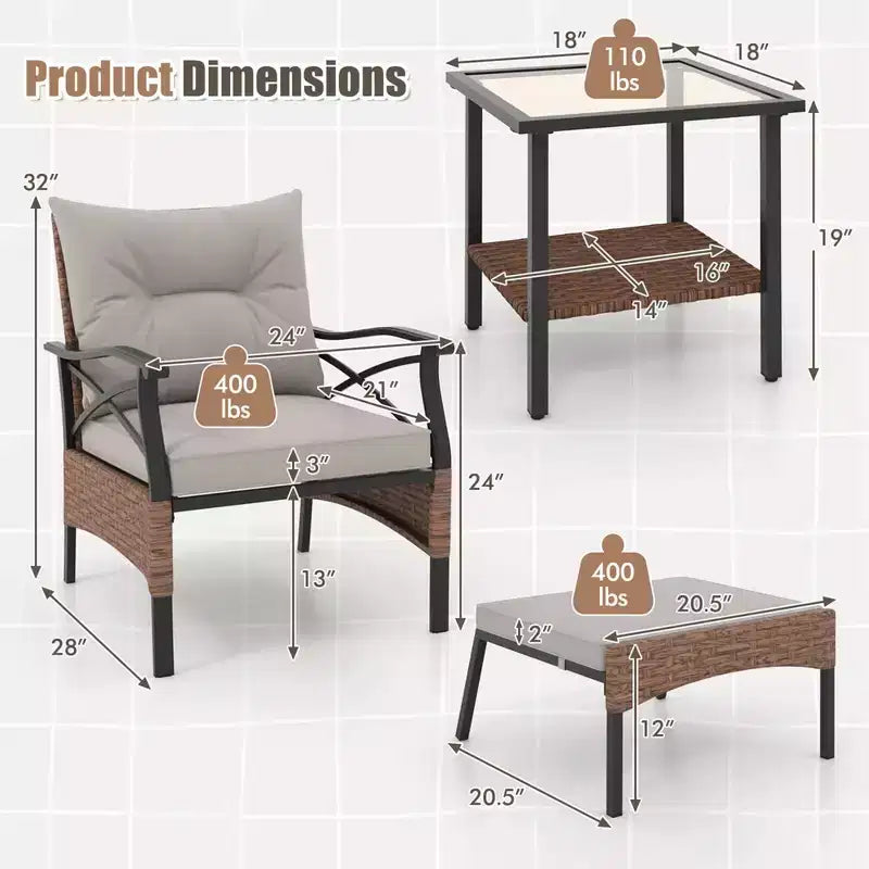 Costway Ensemble de Meubles de Patio 5 pièces avec Table Basse à 2 Niveaux et 2 Ottomans Coussins Inclus