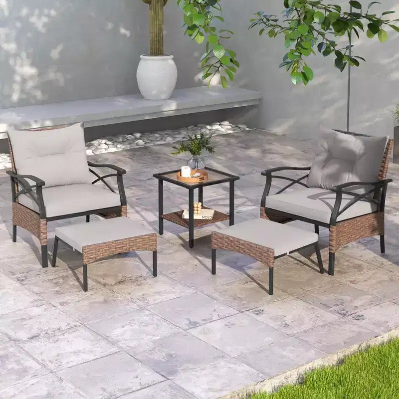 Costway Ensemble de Meubles de Patio 5 pièces avec Table Basse à 2 Niveaux et 2 Ottomans Coussins Inclus