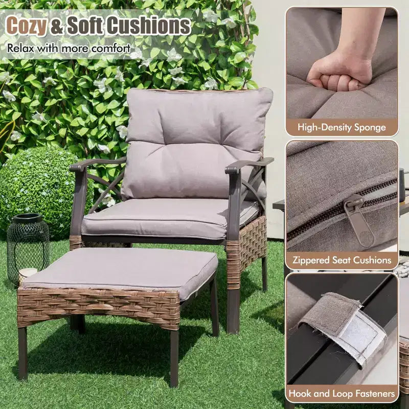 Costway Ensemble de Meubles de Patio 5 pièces avec Table Basse à 2 Niveaux et 2 Ottomans Coussins Inclus