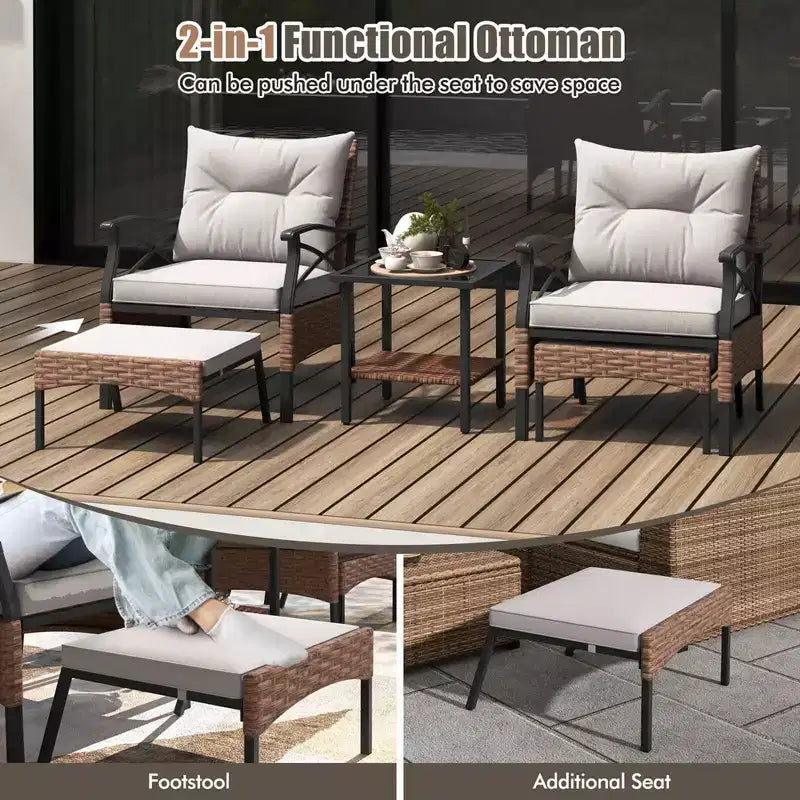 Costway Ensemble de Meubles de Patio 5 pièces avec Table Basse à 2 Niveaux et 2 Ottomans Coussins Inclus